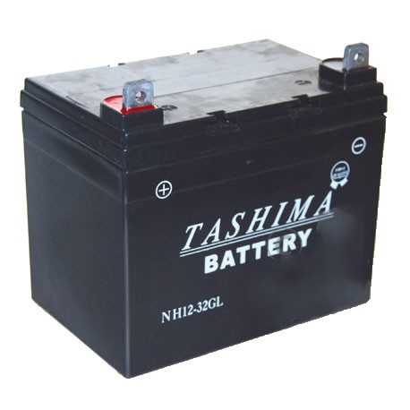 Batterie gel/agm 100% étanche 12V, 32A pour tondeuse autoportée. L: 195, l: 130, h: 180, + à gauche.