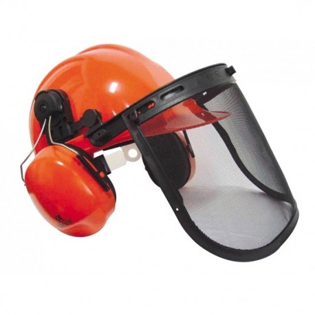 Casque de chantier avec visiere grillagé et anti bruit  travaux forestier