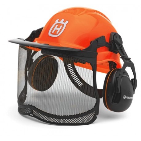 Casque Functional fluo : Casque Husqvarna complètement équipé idéal pour travaux forestiers ainsi pour le jardinage. Protège ore