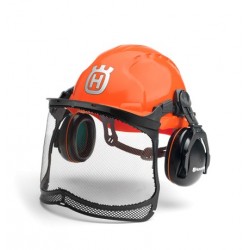 Casque Husqvarna complètement équipé idéal pour travaux forestiers ainsi pour le jardinage. Protège oreillesv visière grillagée.